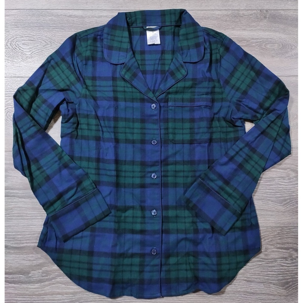 Lands End Pajama Top Womens Small 6-8 Blue Green Flannel Plaid Button Up Shirt
